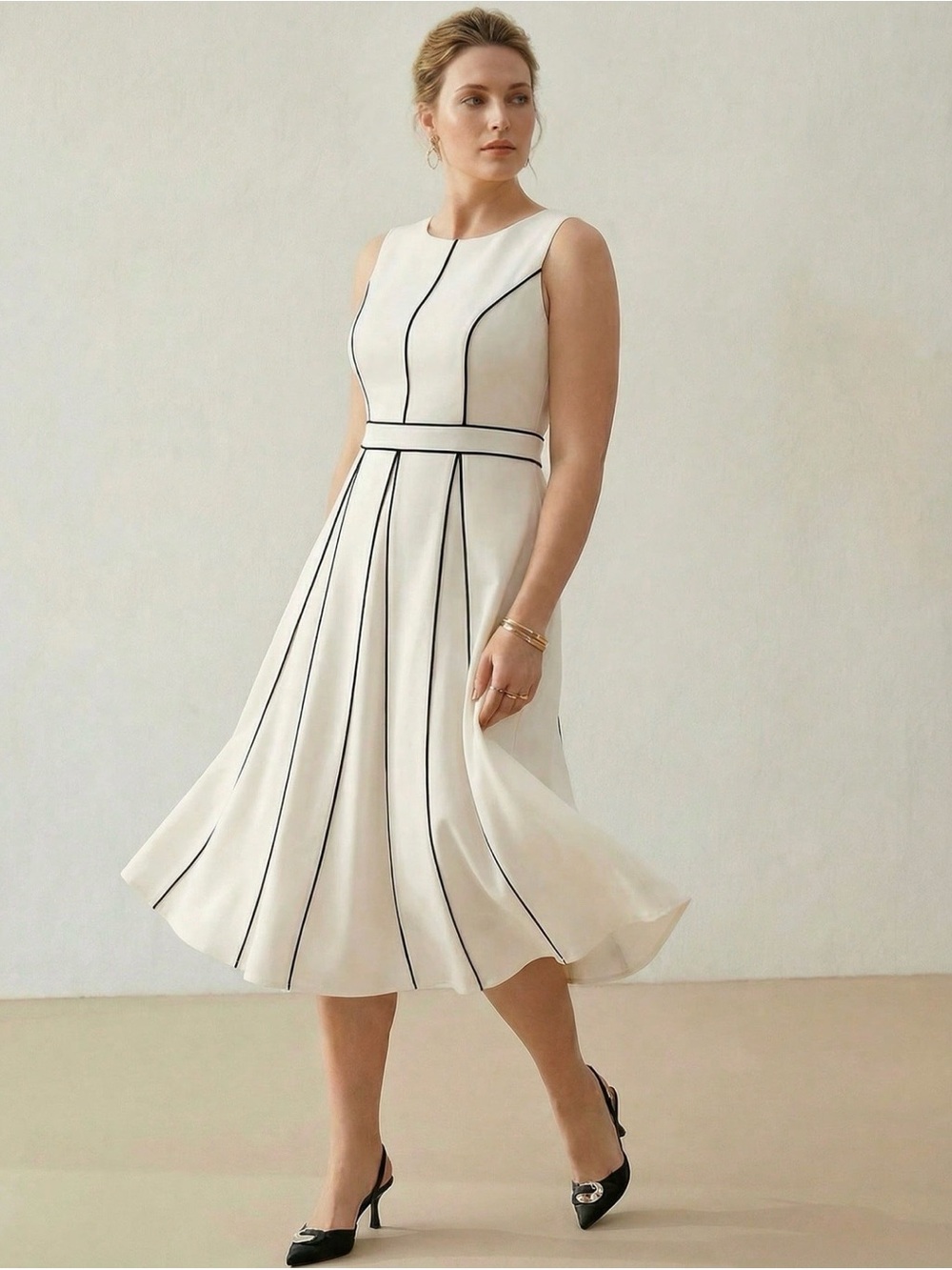 Withe house black market elegant Cream A-Line Dress with Contrast Piping size 2 - Picture 8 of 13